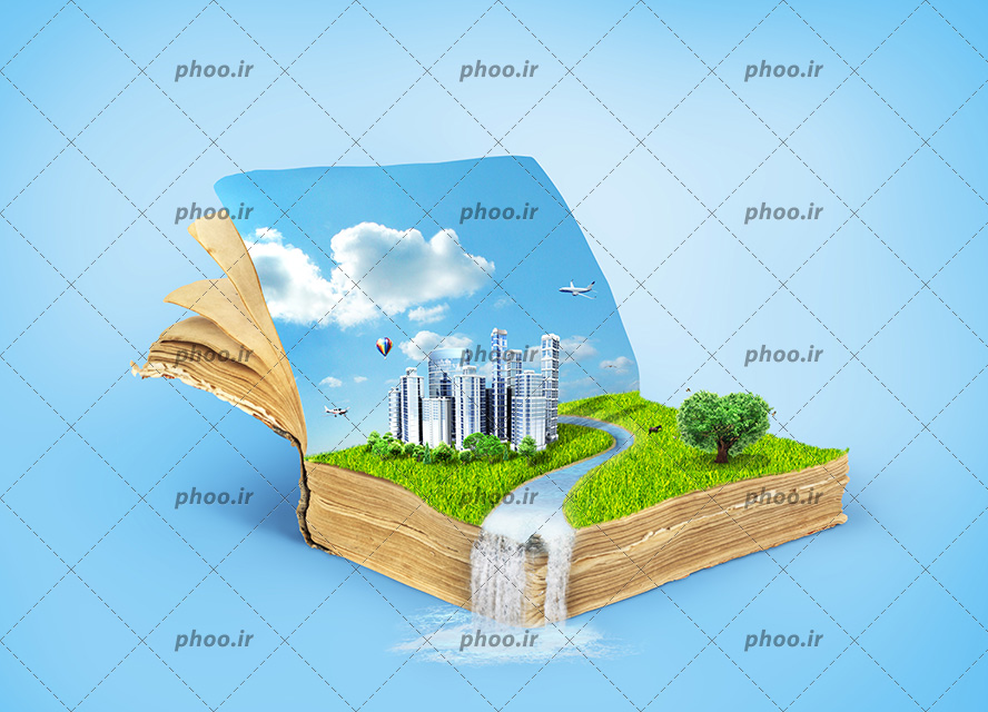 عکس با کیفیت کتاب باز و ساختمان ها و برج های بلند در کنار یکدیگر در فضای سرسبز با آسمان آبی