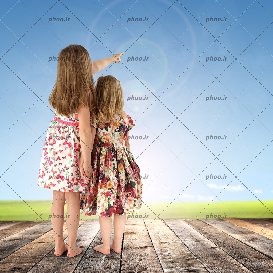 عکس با کیفیت دو دختر ایستاده روی تخته چوبی در حال اشاره به آسمان آبی