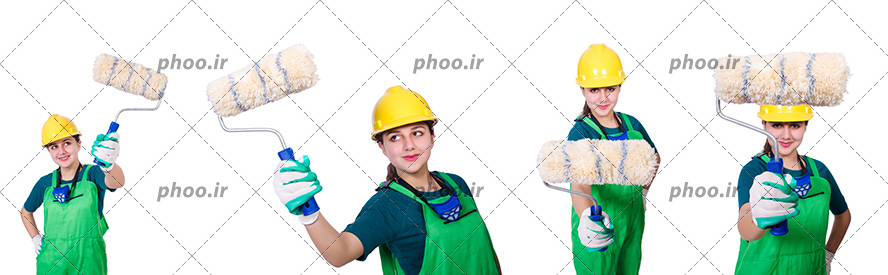 عکس کارگر زن نقاش با غلتک نقاشی در دست با ژست های متفاوت در پس زمینه سفید