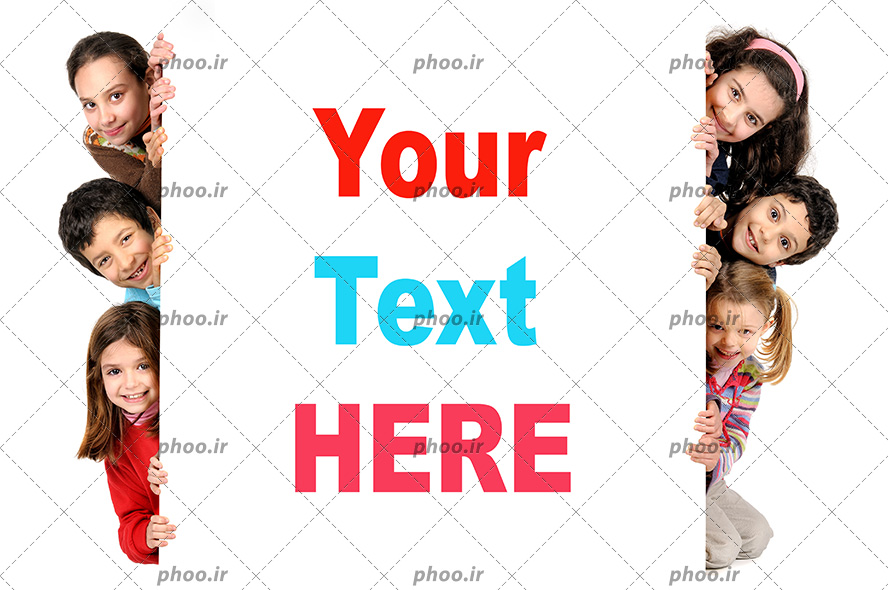 عکس با کیفیت بچه ها پشت یک بنر سفید با نوشته انگلیسی (your text here)