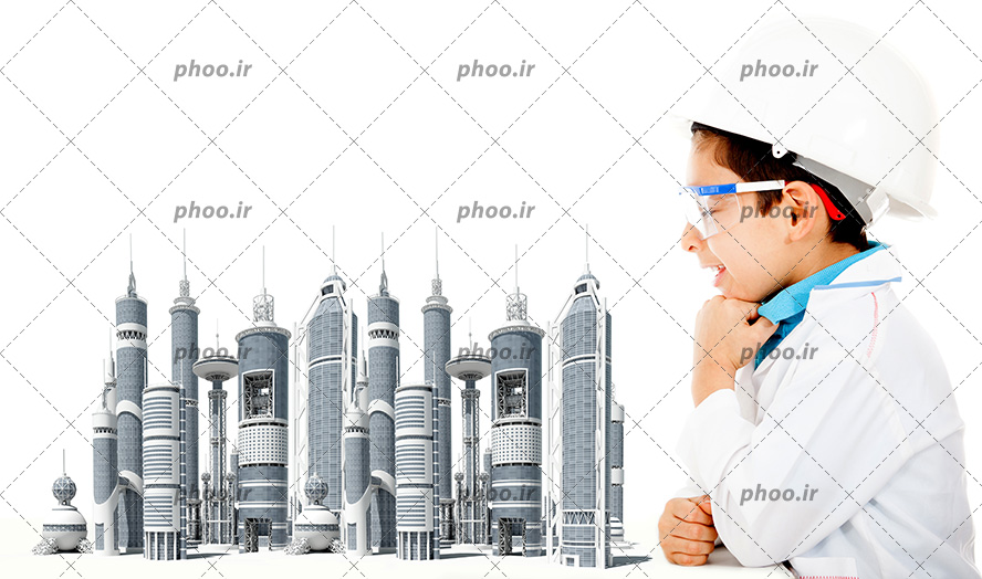 عکس با کیفیت مهندس عمران جوان با مدل شهر در پس زمینه سفید