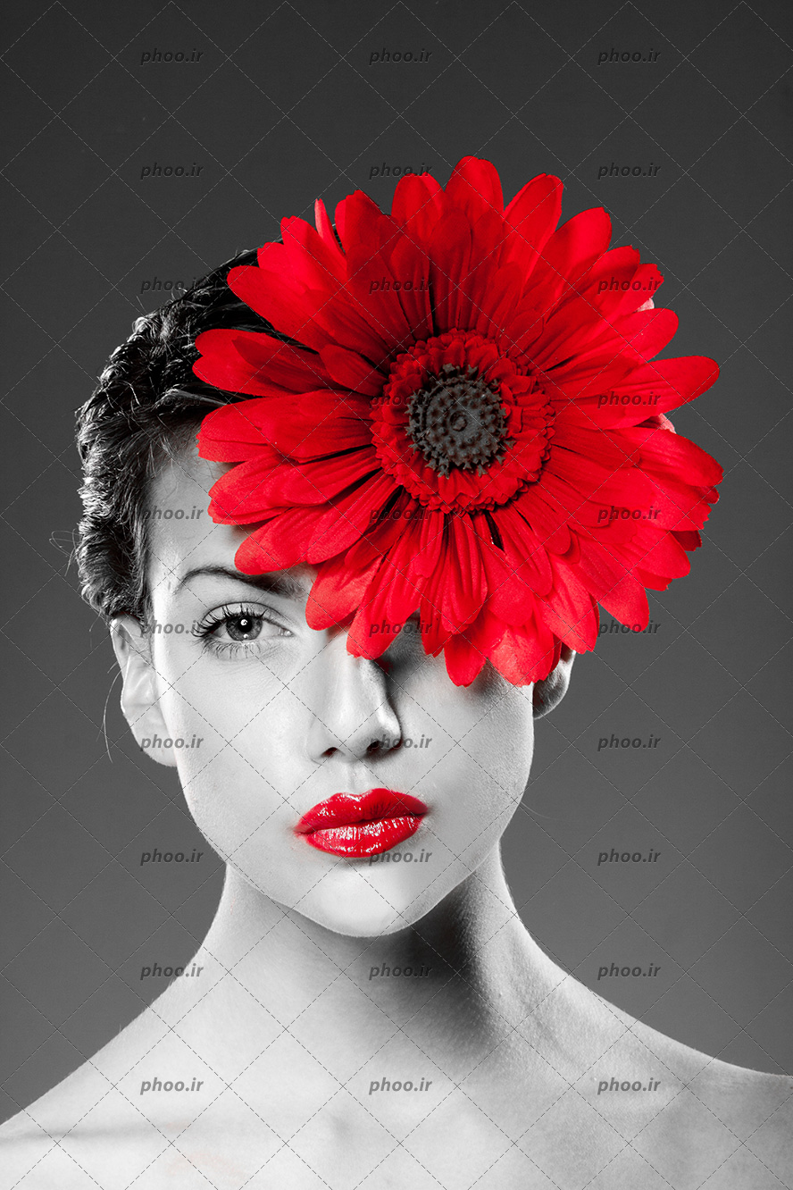 عکس مدل زن با لب ها و گل قرمز با تم خاکستری