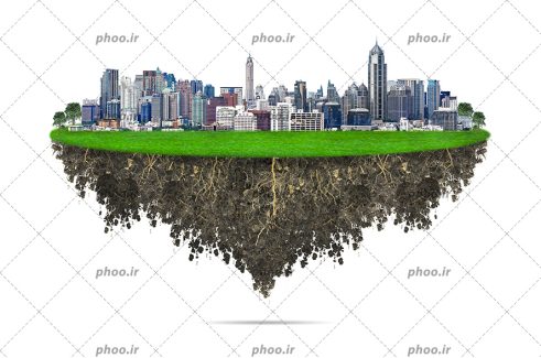 عکس زیبا ساختمان های مدرن و شیک روی زمین با چمن و درختان سبز