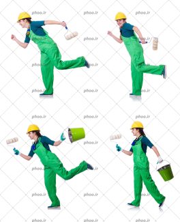عکس کارگر زن نقاش با ژست های مختلف و ابزار در دست در پس زمینه سفید