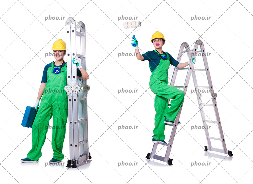 عکس کارگر زن نقاش با ابزار کار در کنار نردبان در پس زمینه سفید