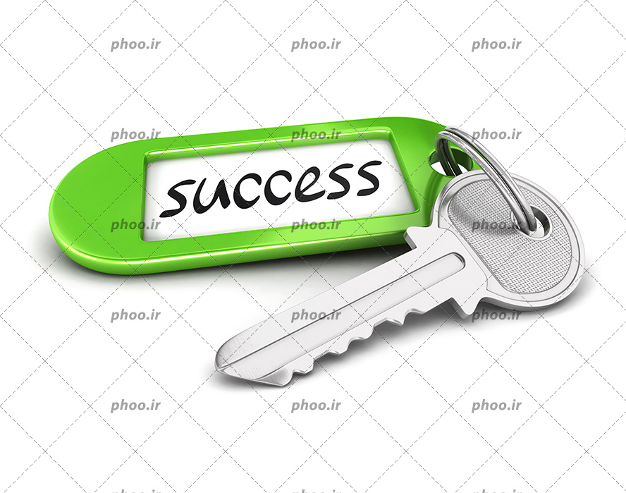عکس با کیفیت کلید نقره ای همراه با جا کلیدی به رنگ سبز و نوشته انگلیسی (success) به معنی موفقیت