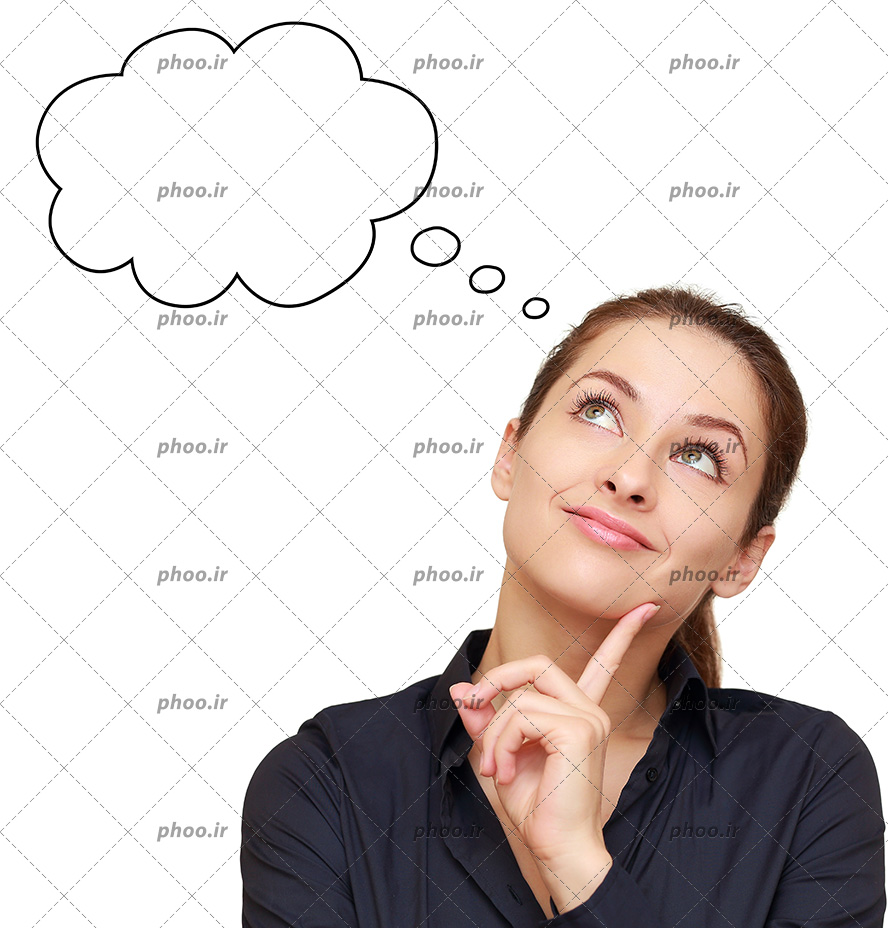 عکس با کیفیت خانم در حال فکر کردن و ابر تشکیل شده بالای سر او