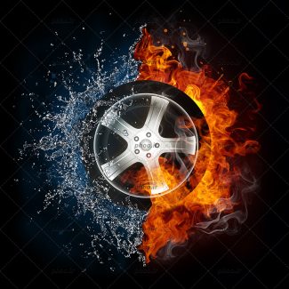 عکس با کیفیت لاستیک ماشین با رینگ اسپرت در آتش و آب