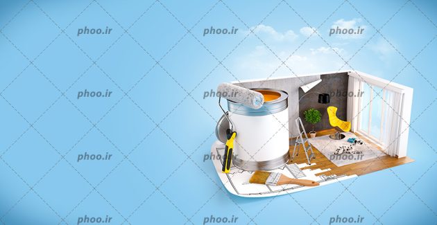 عکس با کیفیت سطل رنگ و غلتک داخل ماکت خانه مدرن