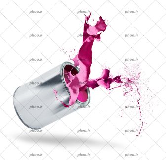 عکس با کیفیت سطل رنگ در حال افتادن و بیرون ریخته شدن رنگ صورتی