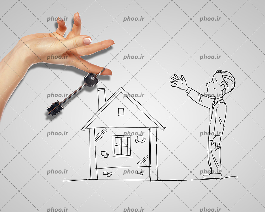 عکس با کیفیت نقاشی کاراکتر و خانه در کنارش و زن در حال کلید دادن به کاراکتر