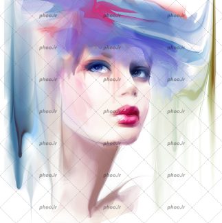 عکس با کیفیت نقاشی چهره ی زن و کلاه به رنگ بنفش و پس زمینه آبرنگی