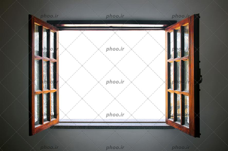 عکس با کیفیت پنجره چوبی با دو در باز و ویو نور سفید