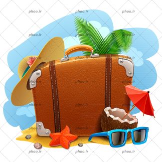 عکس با کیفیت کلاه بر روی چمدان چرمی به رنگ قهوه ای و ستاره دریایی و عینک آفتابی و نوشیدنی نارگیل در کنارش