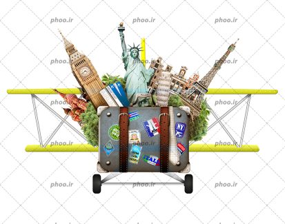 عکس با کیفیت اماکن دیدنی جهان بر روی چمدان قدیمی و شبیه به هواپیما