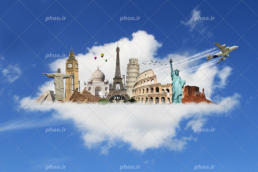 عکس با کیفیت اماکن دیدنی دنیا در کنار یکدیگر بر روی ابر ها در آسمان