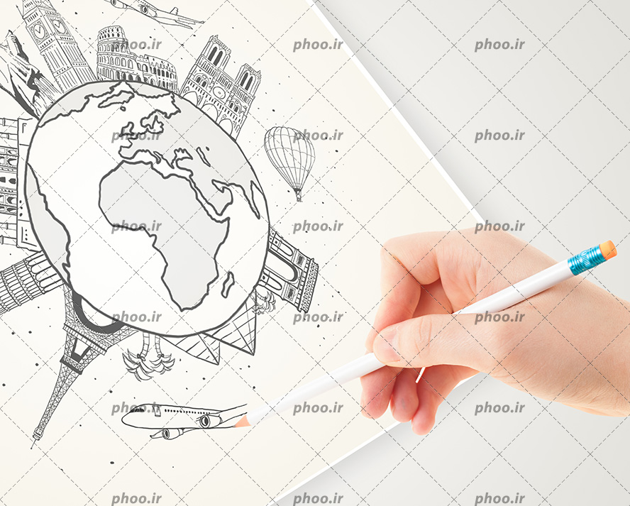 عکس با کیفیت مرد در حال نقاشی کشیدن کره زمین و اماکن دیدنی دنیا و هواپیما در حال پرواز