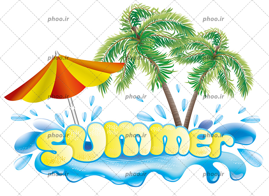 عکس با کیفیت کلمه ی (summer) به معنی تابستان و دریا و چتر سایبان و درخت های نارگیل در کنارش در پس زمینه سفید
