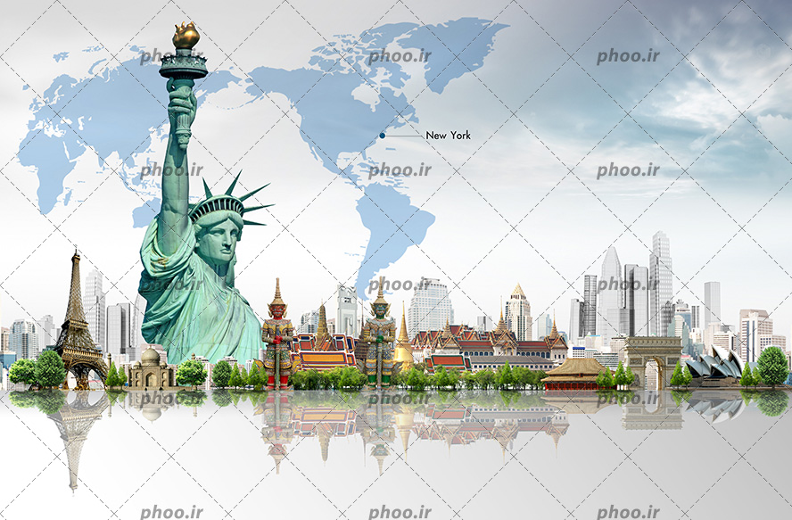 عکس با کیفیت مجسمه آزادی در کنار دیگر اماکن دیدنی دنیا