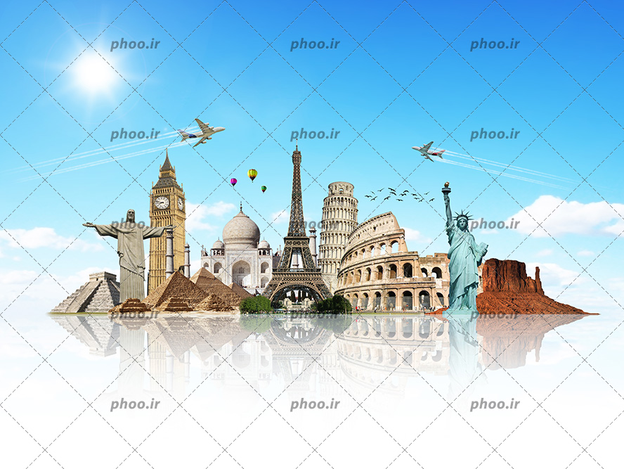 عکس با کیفیت مجسمه آزادی و برج ایفل و برج ساعت و هرم ها در کنار یکدیگر و هواپیما ها در حال پرواز در آسمان