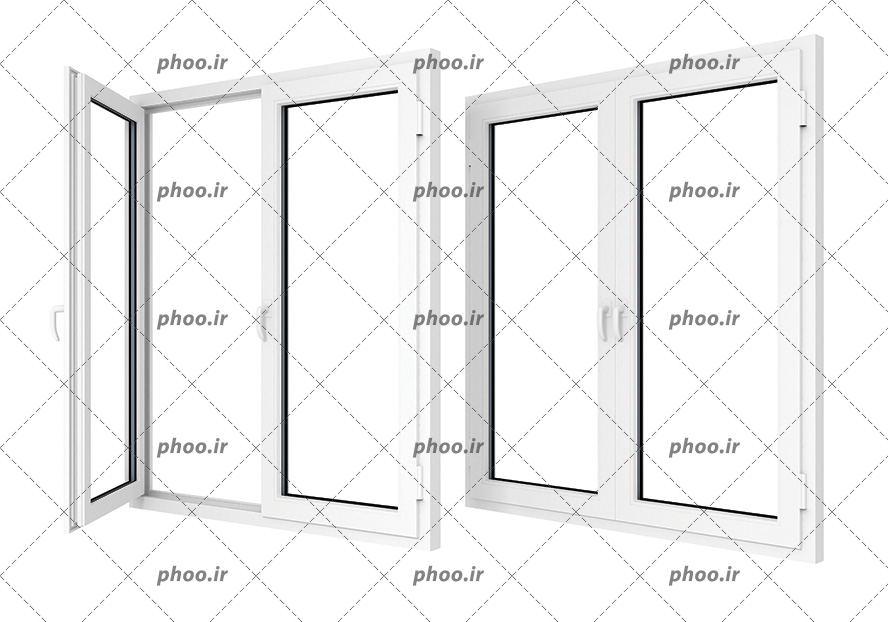 عکس با کیفیت دو پنجره دوجداره به رنگ سفید با در باز و بسته در کنار یکدیگر