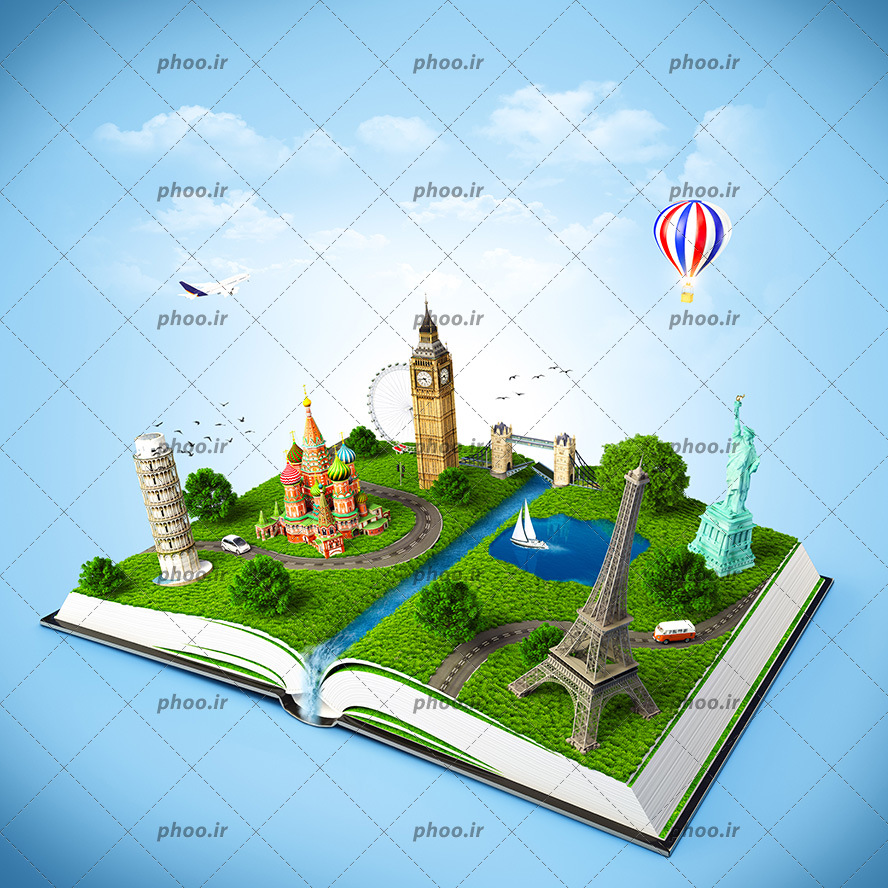 عکس با کیفیت کتاب باز سرسبز با رودخانه ها و برکه های آب و مکان های دیدنی در نقاط مختلف کتاب و بالن و هواپیما در آسمان