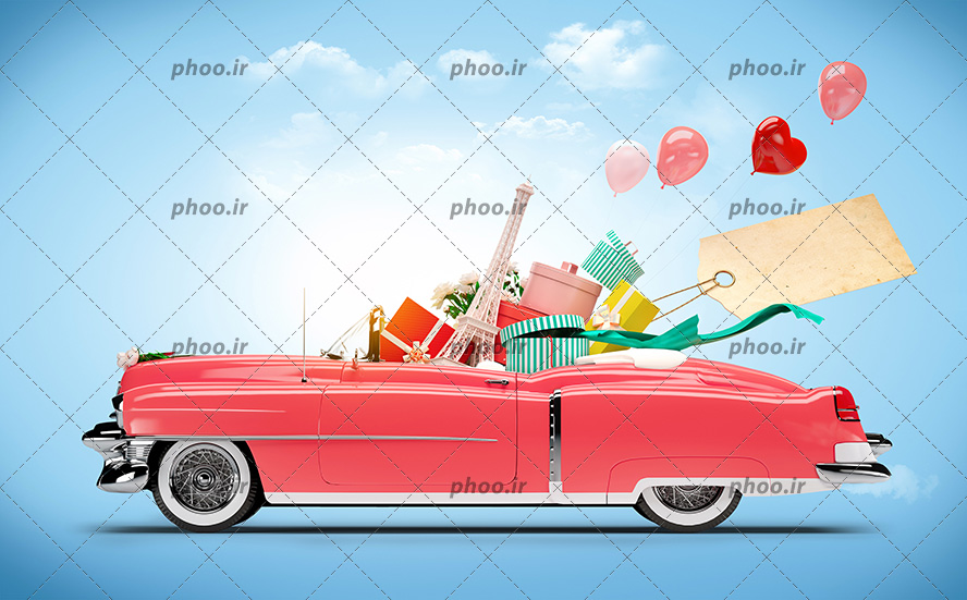 عکس با کیفیت عکس با کیفیت اتومبیل کوپه و هدیه ها و جعبه های کادو و بادکنک ها و برج ایفل داخل ماشین و پس زمینه به رنگ آبی