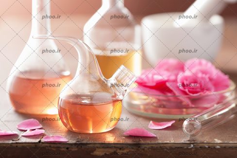عکس گلبرگ های صورتی و اسانس و روغن برای ماساژ روی میز