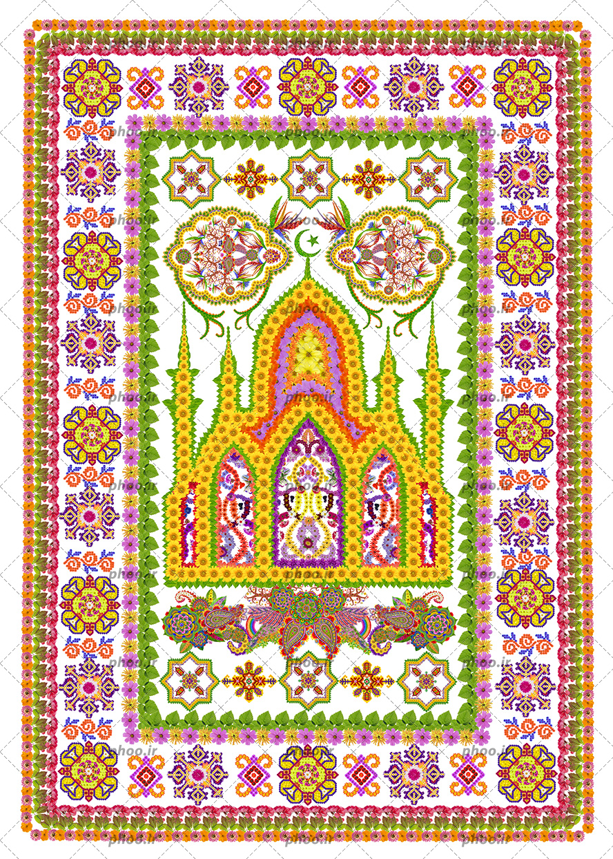عکس سجاده نماز با طراحی زیبا از مسجد و گل روی آن