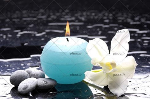 عکس گل ارکیده سفید و شمع آبی در قطرات آب