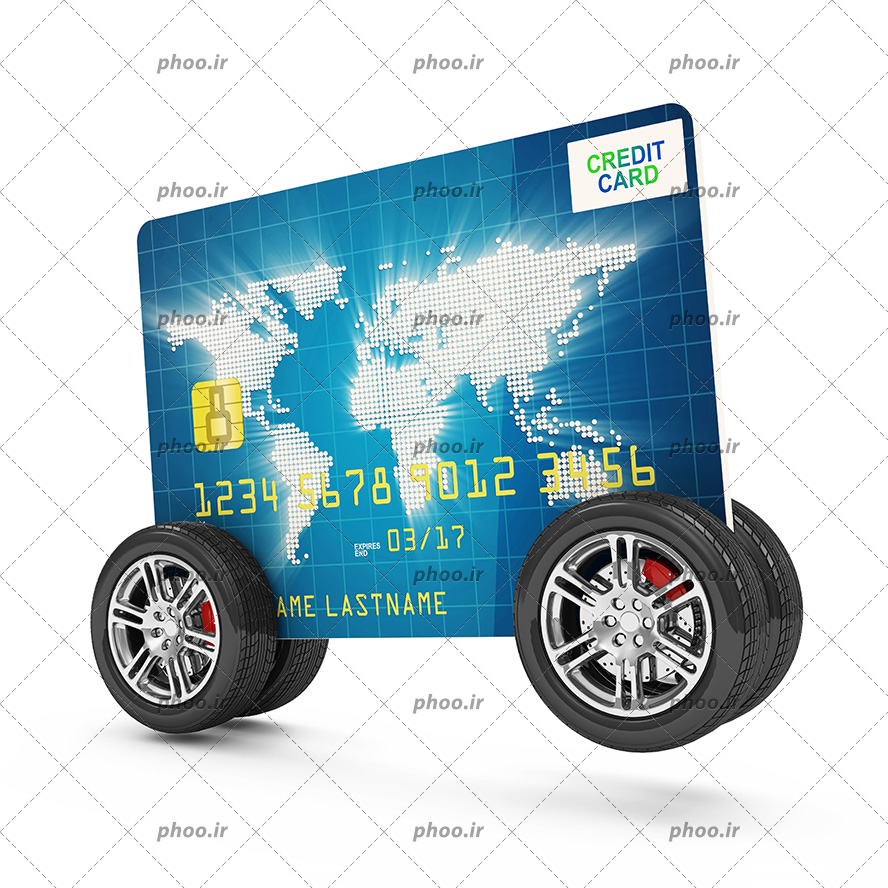عکس با کیفیت کارت اعتباری با چهار چرخ مانند ماشین در پس زمینه سفید