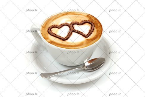 عکس فنجان سفید کاپوچینو با تزئین قهوه به شکل دو قلب روی آن