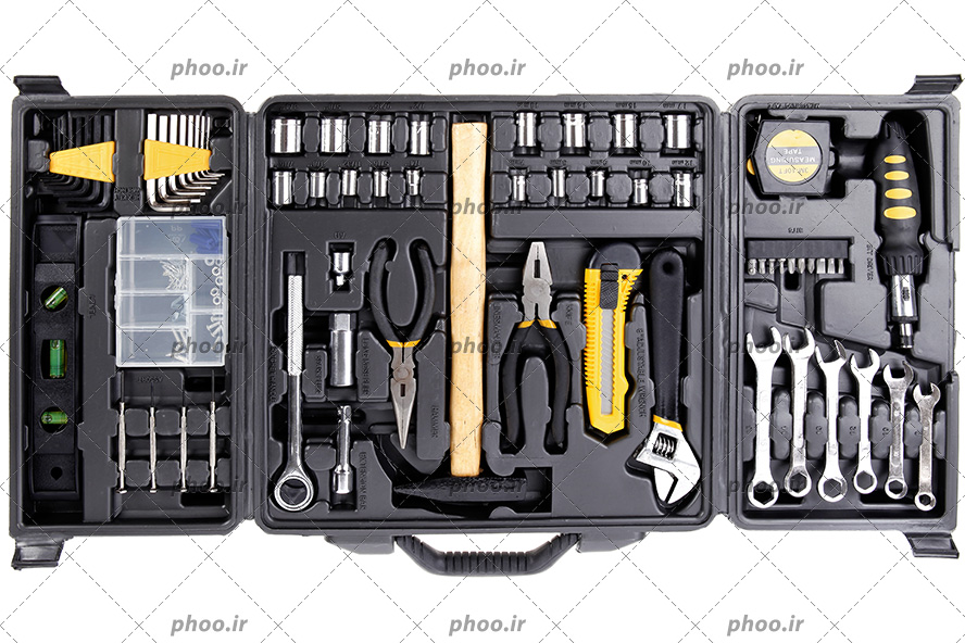 عکس ابزار آچار و جعبه ابزار روی زمینه سفید