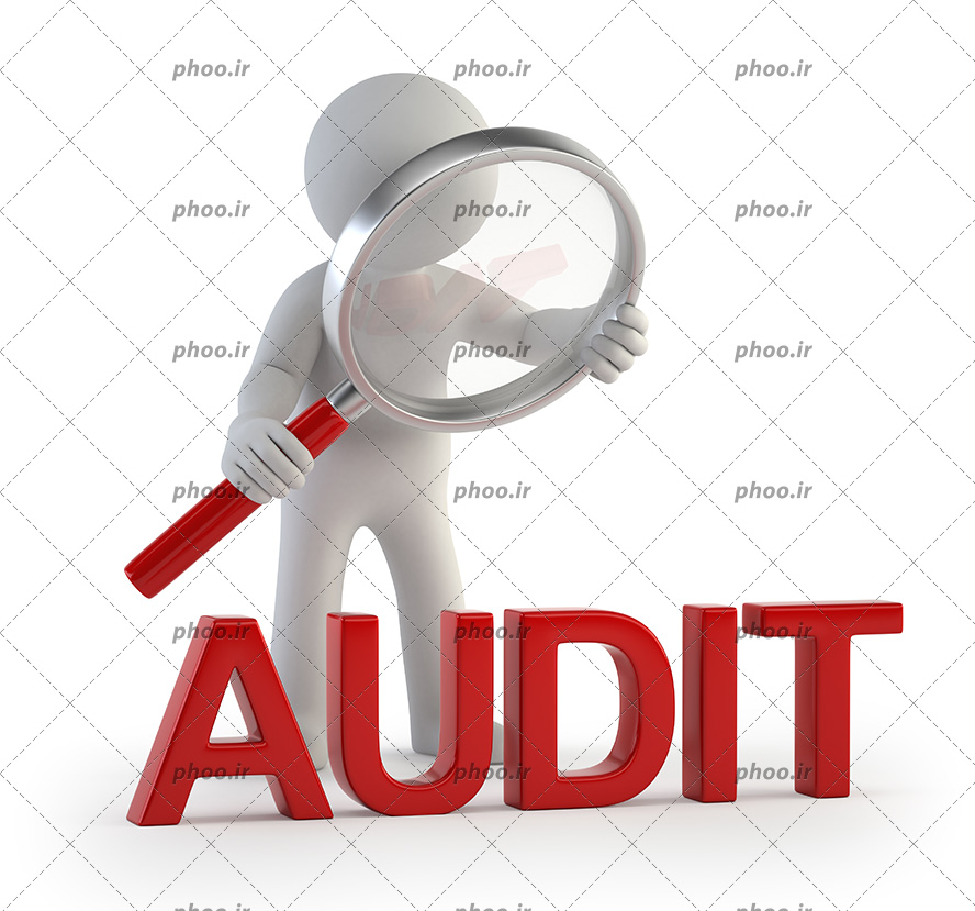 عکس آدمک سفید با یک ذربین در دست در حال نگاه کردن به کلمه انگلیسی(AUDIT)