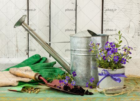 عکس لوازم باغبانی در پس زمینه چوبی