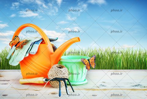 عکس ابزار باغبانی روی میز چوبی در پس زمینه طبیعت و آسمان آبی