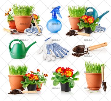 عکس مجموعه ای از ابزار های باغبانی و گلدان های گل و سبزه در پس زمینه سفید