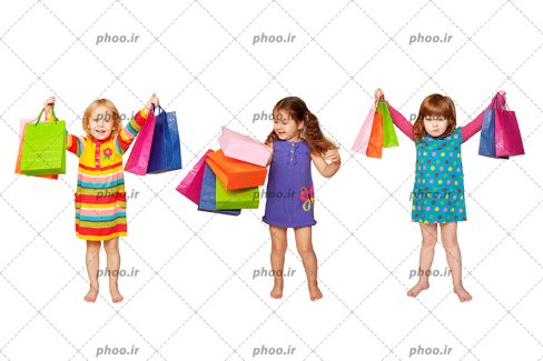 عکس با کیفیت دختر بچه های ریبا با کیسه های خرید رنگی در دست