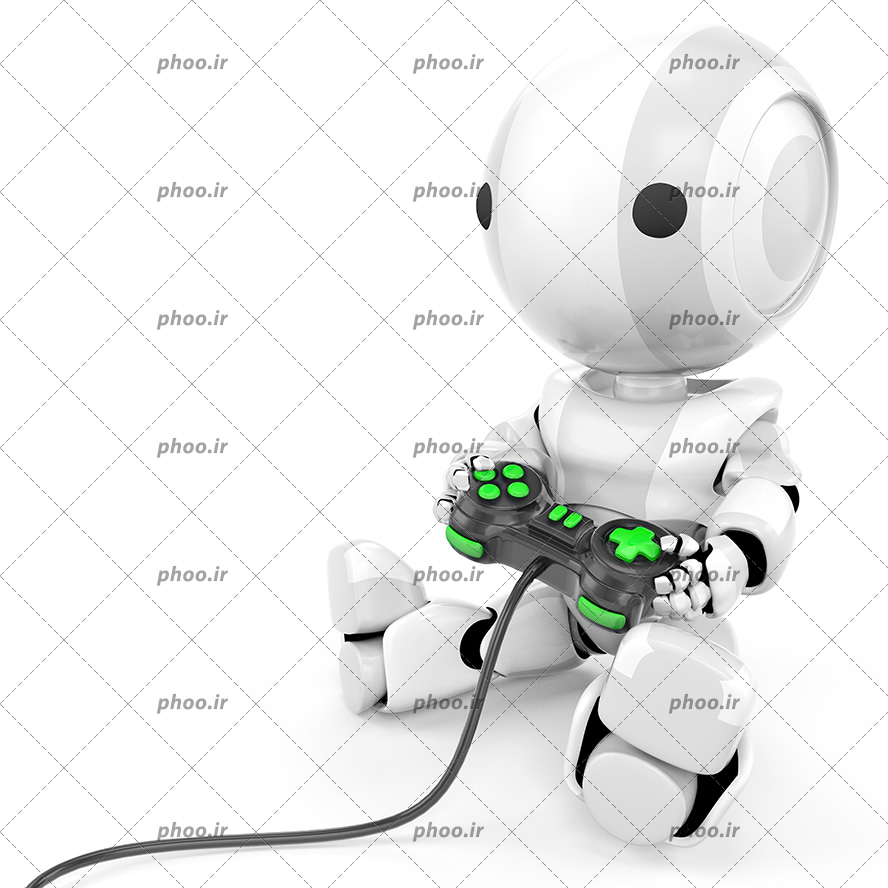 عکس با کیفیت ربات کوچک در حال بازی کردن با دسته ی بازی کامپیوتر