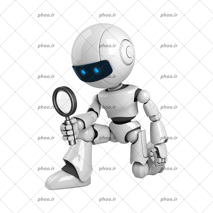 عکس با کیفیت ذره بین در دست ربات سفید هوشمند