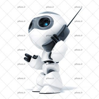 عکس با کیفیت ربات کوچک در حال صحبت کردن با گوشی تلفن