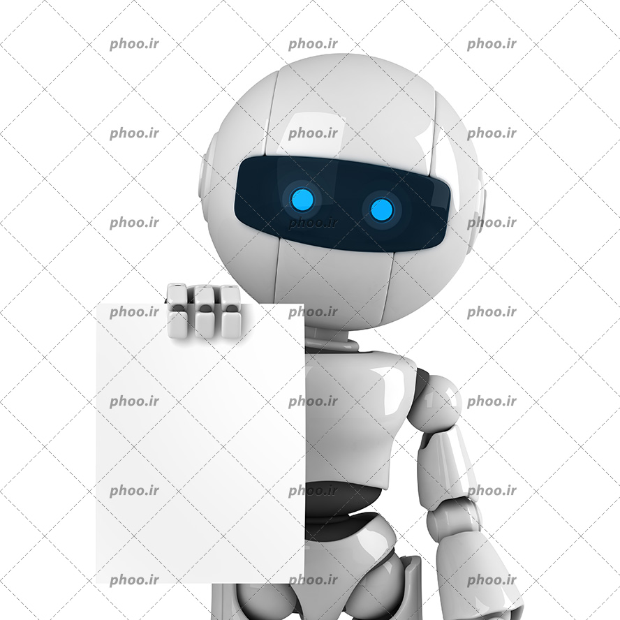 عکس با کیفیت برگه سفید در دست ربات هوشمند و پس زمینه به رنگ سفید
