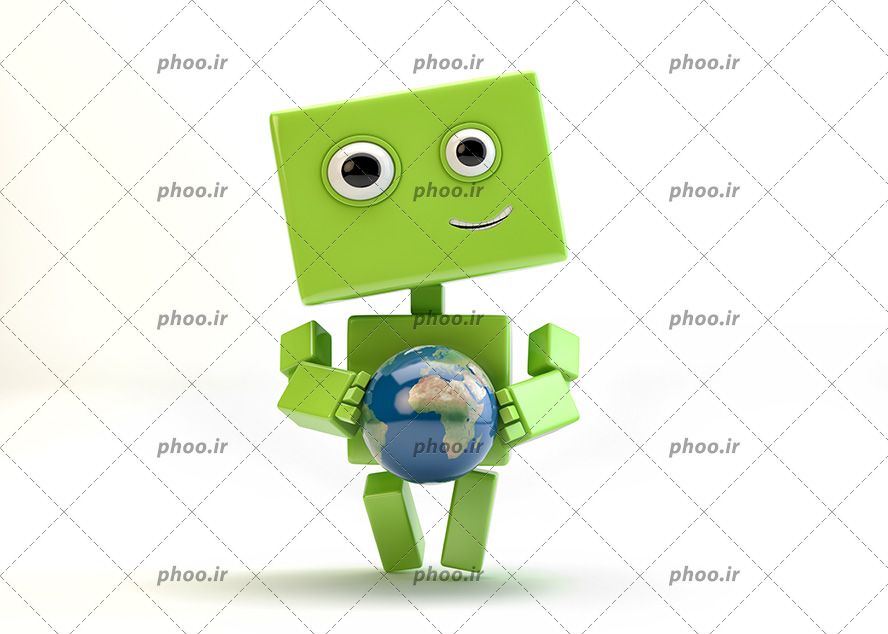 عکس با کیفیت کره زمین در دست ربات سبز کوچک