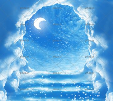 عکس با کیفیت فضای داخل ایگلو و آسمان پر ستاره شب و ماه درخشان در آسمان