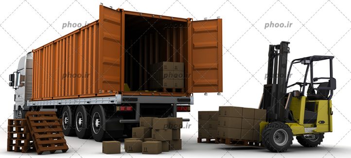 عکس با کیفیت لیفتراک کوماتسو در حال گذاشتن باکس ها به داخل کامیون بزرگ مناسب حمل بار