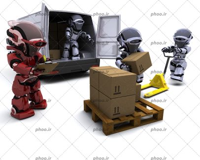 عکس با کیفیت چند ربات در حال گذاشتن باکس ها به داخل ون نقره ای حمل بار
