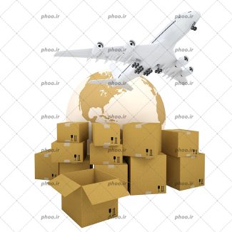 عکس با کیفیت کارتن ها در کنار کره زمین به رنگ قهوه ای و هواپیما در حال تیک آف