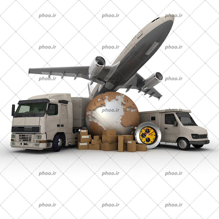 عکس با کیفیت ون مناسب برای حمل و نقل در کنار کره زمین و قطب نما و ترانزیت در کنارش و هواپیما در حال پرواز به سمت آسمان