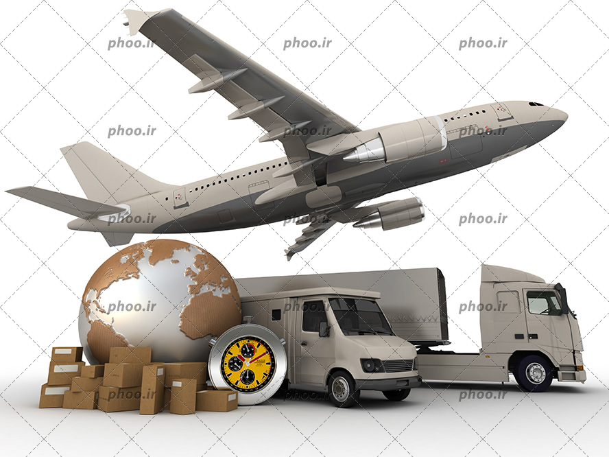 عکس با کیفیت ترانزیت غول پیکر در کنار ون و کره زمین در کنار باکس ها و هواپیما در حال تیک آف