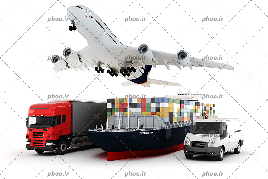 عکس با کیفیت ترانزیت به رنگ قرمز در کنار کشتی بزرگ در حال حمل کانتینر ها و ون سفید در کنارش و هواپیما در حال تیک آف